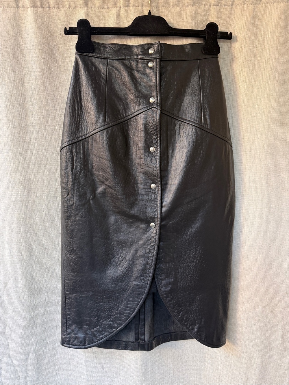 Black Leather Button-Front Pencil Skirt